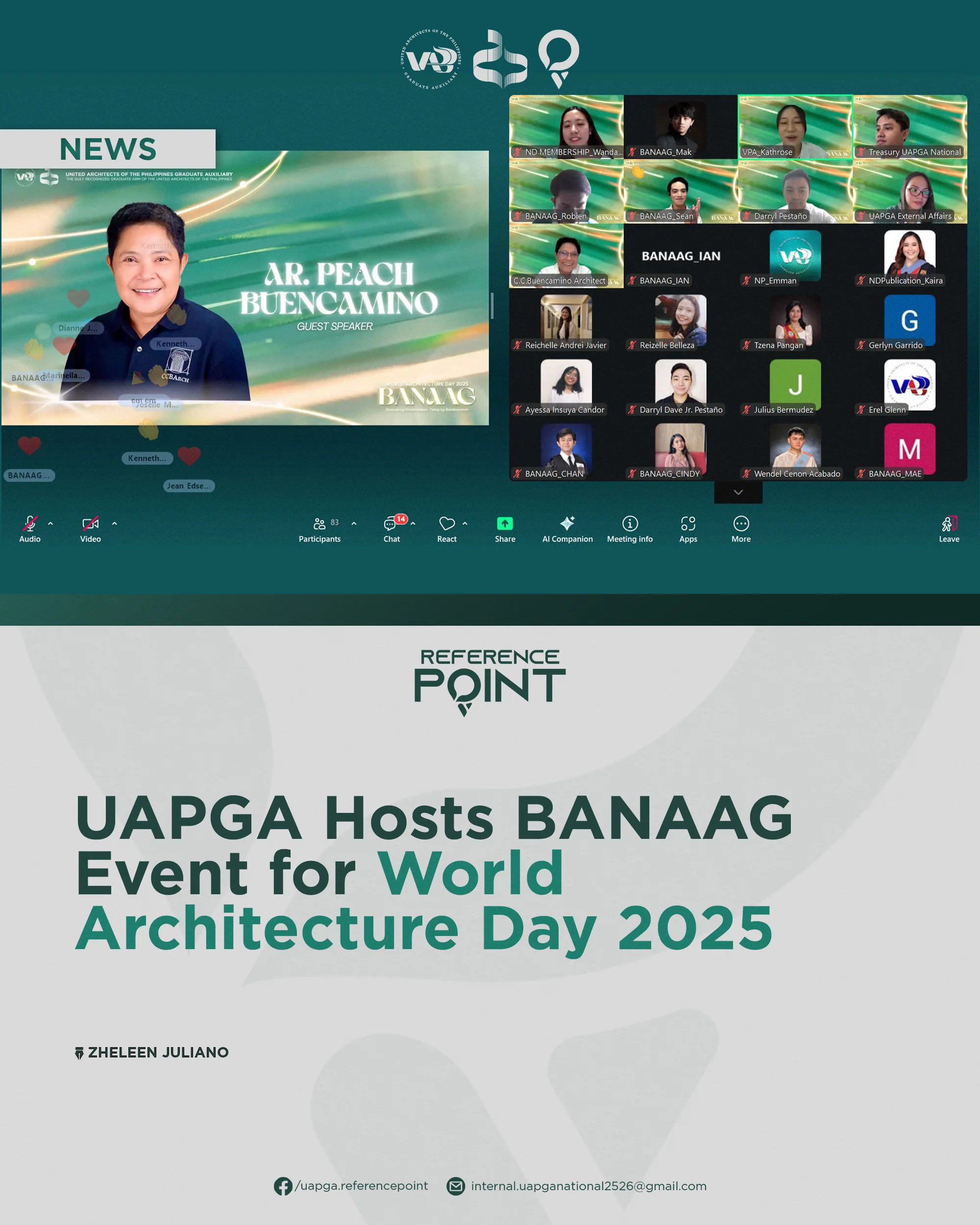 The United Architects of the Philippines Graduate Auxiliary (UAPGA) marked World Architecture Day 2025 with a two-part virtual event themed “BANAAG: Disenyo ng Kinabukasan, Tatag ng Sambayanan” held via Zoom, October 12. BANAAG featured a reimagined webinar and in-depth mentorship sessions that brought together young architects, graduates, and experienced professionals in shaping stronger, future-ready communities. Guest speaker Ar. Consuelo “Peach” Buencamino, Principal Architect of C.C. Buencamino Architect and an ASEAN Architect, delivered the main lecture, “Designing Strength: The Role of Architecture in Shaping Tomorrow’s Communities,” stressing the importance of integrating resilience, equity, and cultural identity into architectural practice. Further, the Angat Sining Arkitektura mentorship session introduced five core advocacy pillars: public education; public health, nutrition, and food security; climate action and sustainability; community engagement and empowerment; and arts and culture to equip emerging professionals with the knowledge and direction needed to meet the evolving demands of the architectural field at that time. Dela Cruz, Chapter Vice President for Program and Operations of UAPGA Manila Centrum, highlighted the initiative’s broader mission with each mentorship pillar explaining its role in contributing to sustainable community-building, underscoring principles and guidelines aligned with current societal needs. “Angat Sining Arkitektura promotes inclusive and well-informed design,” Dela Cruz said. “We aim to amplify the presence and relevance of Philippine architecture in shaping modern society.” Moreover, the event concluded with a second open forum where attendees consulted mentors on architectural career development and professional growth, followed by a raffle draw and final photo opportunities that capped the program. “Your enthusiasm and active participation have truly enriched this event, making it more vibrant and rewarding for everyone involved,” Barde, National Executive Director for Governmental and External Affairs, in her closing remarks, acknowledging the active involvement of the organizing committees, guest speakers, and mentors. Through BANAAG, UAPGA reaffirmed its commitment to fostering an informed and supportive architectural community, strengthening its efforts to promote continuous learning and professional advancement among architecture graduates.